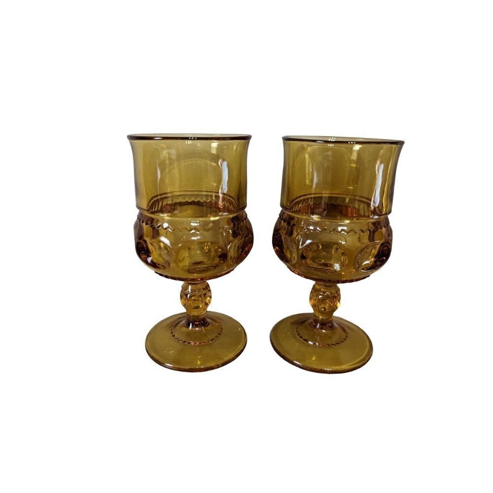 Vintage Colony Crown Amber Glass Goblets Set of 2‎ Mid Century Thumbprint 5 5/8"